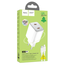 CARICABATTERIA HOCO N42 2X USB-C + CAVO USB-C LIGHTNING PD QC 45W BIANCO