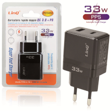 CARICABATTERIA FAST CHARGE 33W USB + TYPE-C NERO